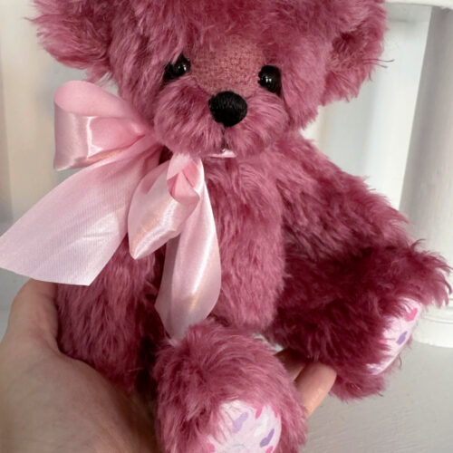 SOLD! Sweetheart:  9” Pink Artist Mohair Teddy Bear with Hearts