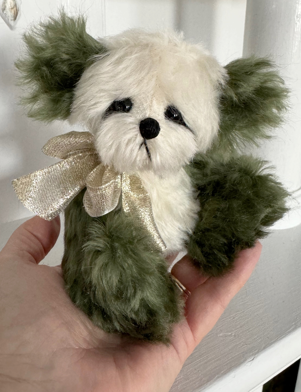 SOLD! Lucky - Green & White Mohair Pocket Bear Artist Teddy Bear