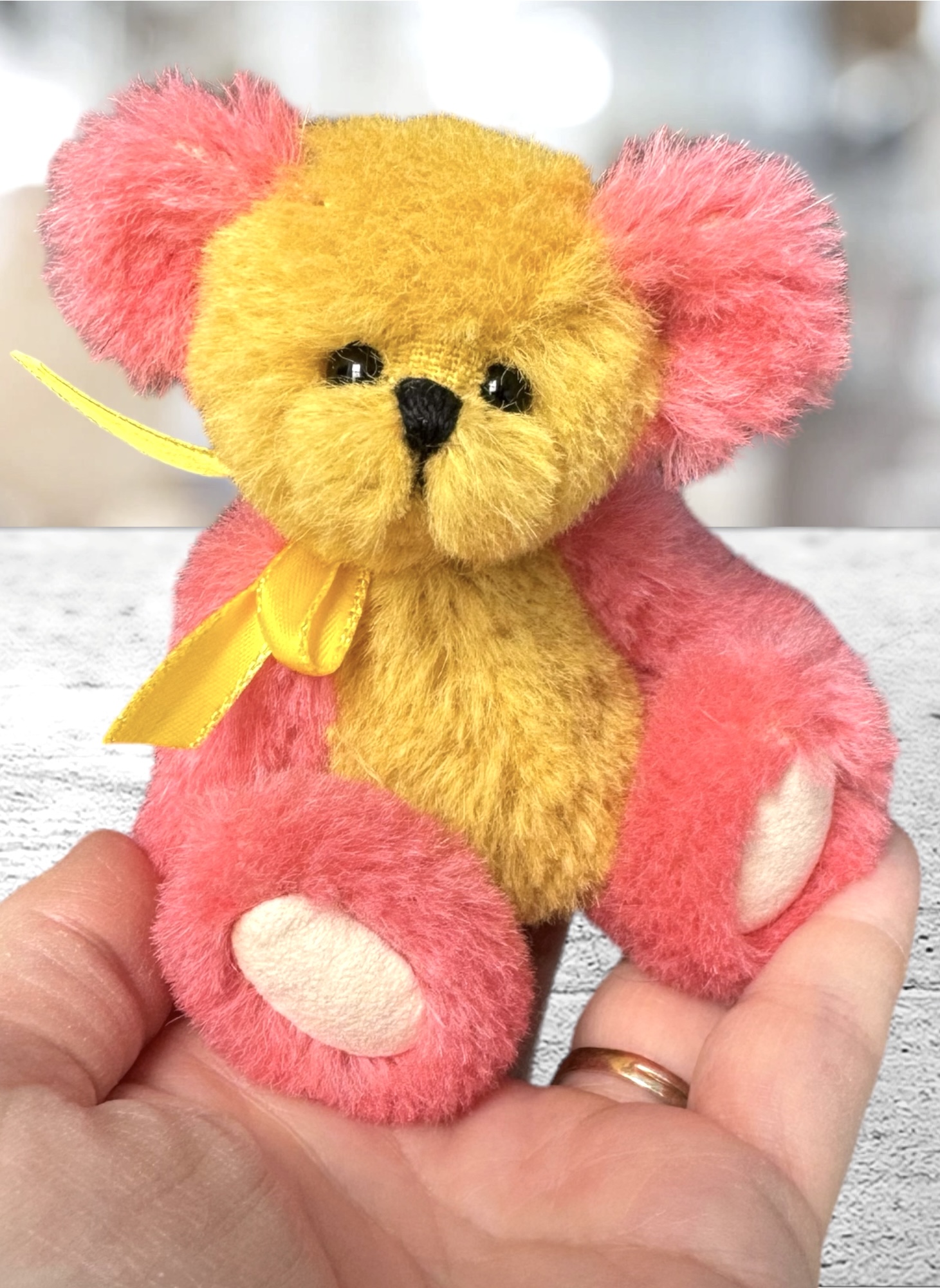 SOLD! Blossom: 4.75" Coral & Yellow Miniature Artist Teddy Bear