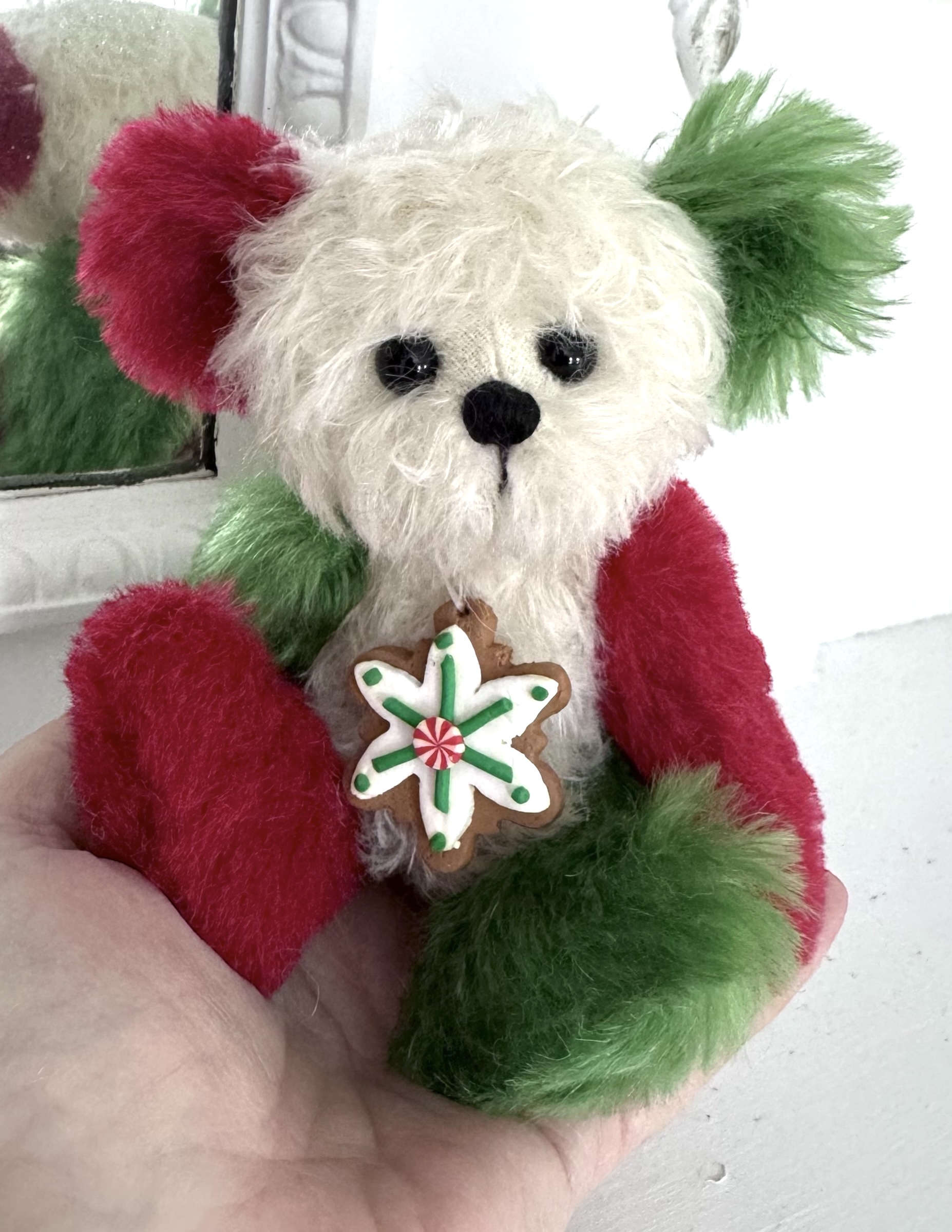 SOLD! Jingles - Red, Green & White Mohair Pocket Bear Artist Teddy Bear