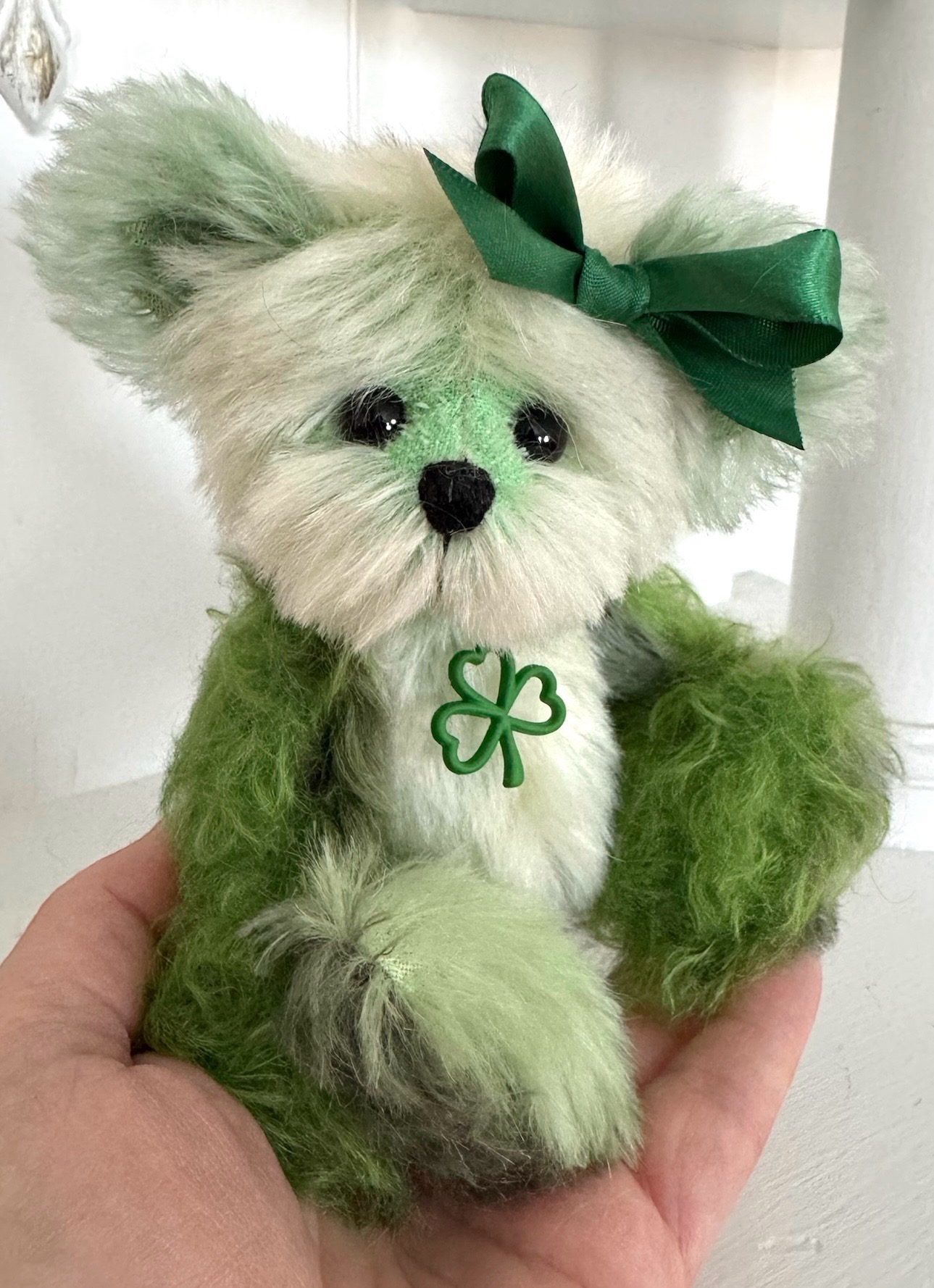 SOLD! Erin: 6 1/2" Green Patchwork Mohair Teddy Bear