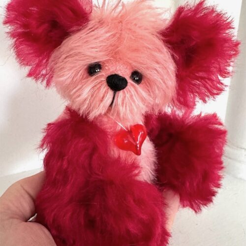SOLD! Sophia:  6 1/2" Pink and Red Mohair Teddy Bear