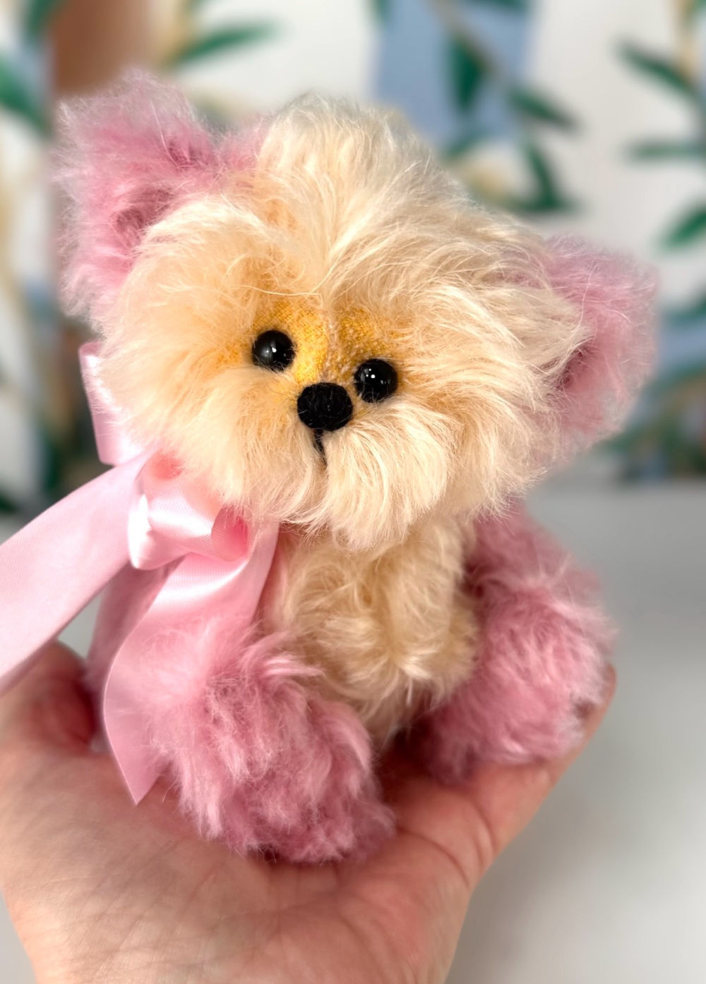 SOLD! Petal: 6 1/2" Pink and Yellow Mohair Teddy Bear