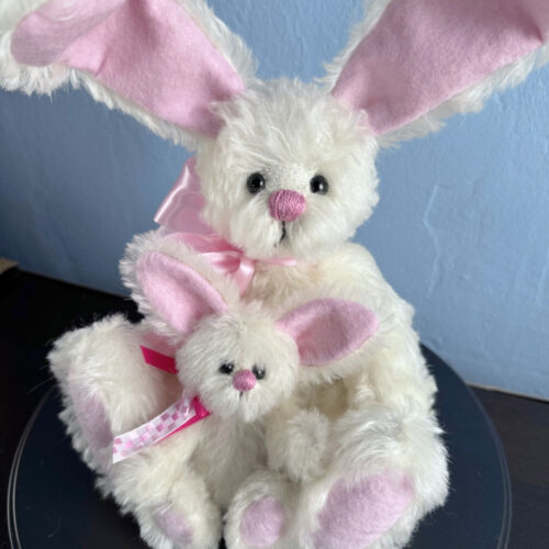SOLD! April and Mae:  9” & 4 3/4" Custom Order White Artist Mohair Bunny Rabbits