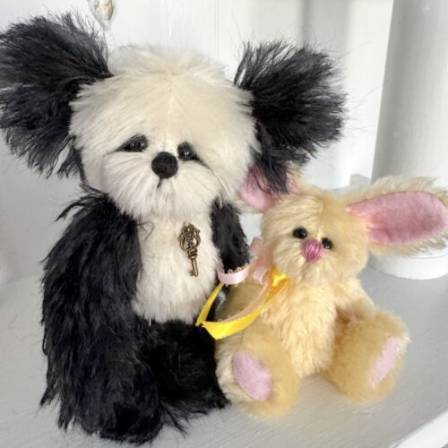 SOLD! Blossom and Bo Li:  Custom Order 4 3/4" Pastel Yellow Artist Mohair Bunny & 6 1/2" Mohair Panda