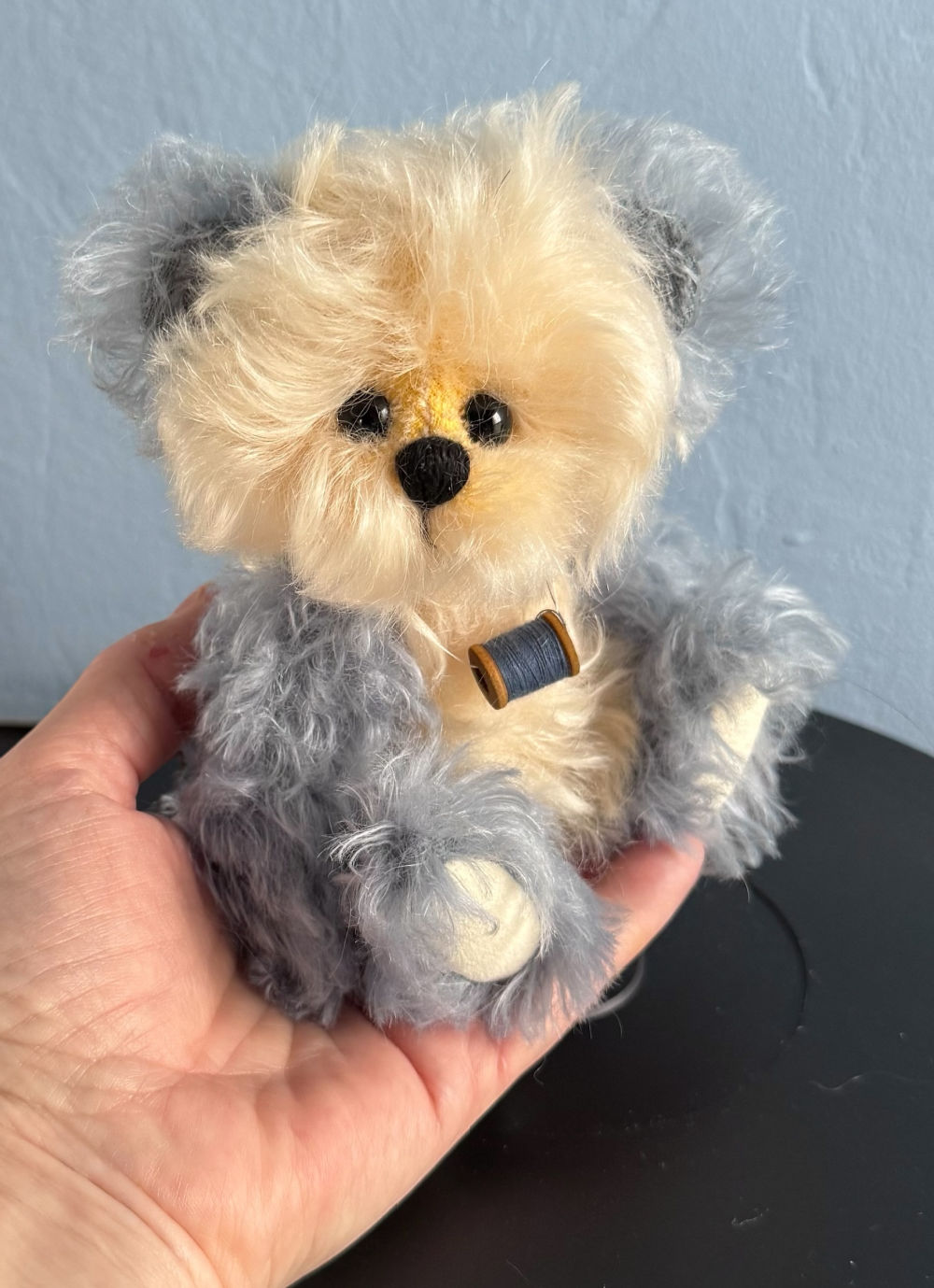 SOLD! Fluffy - 6 3/4" Mohair Artist Blue and Yellow Teddy Bear
