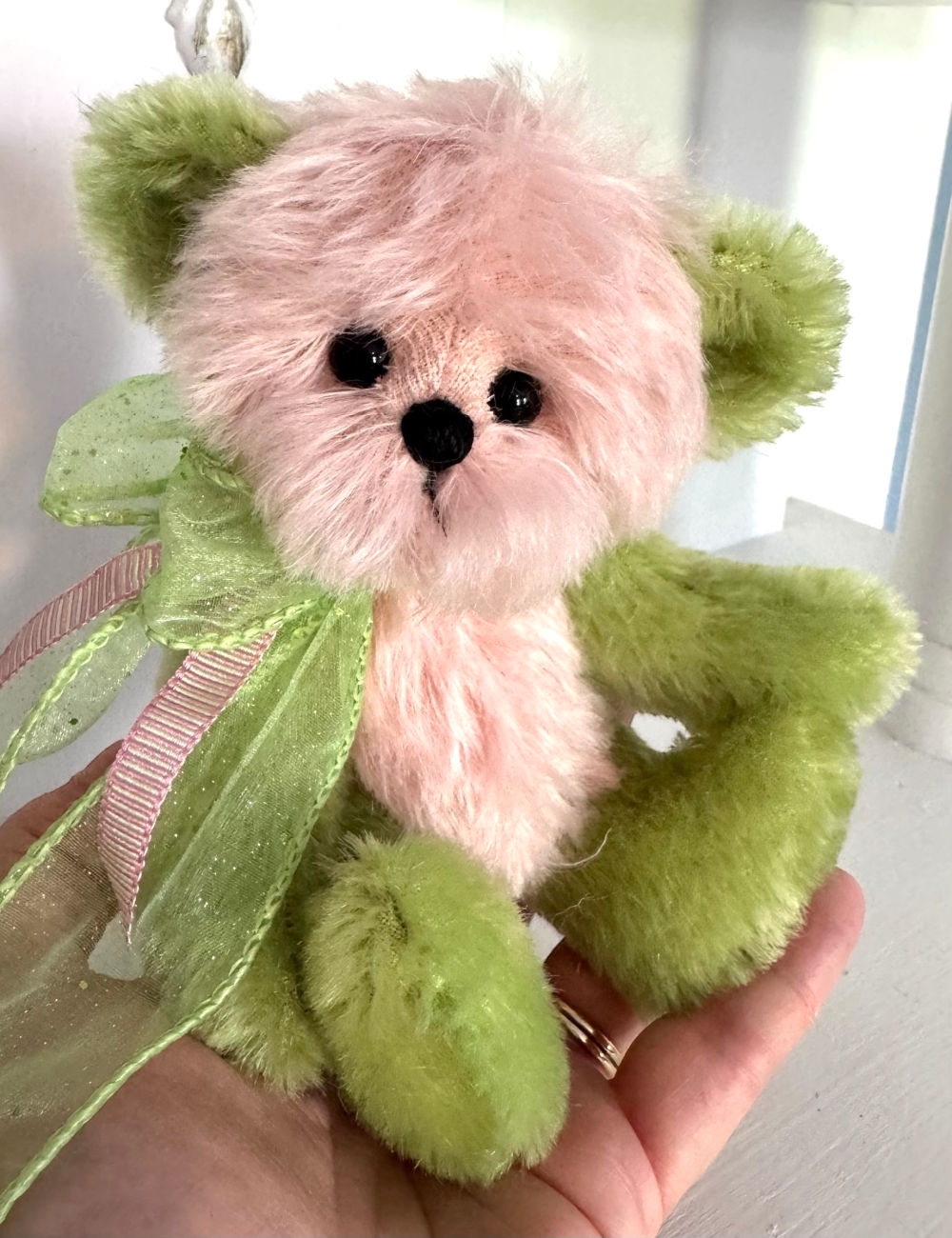 SOLD! Pistachio - 6 1/4" Artist Mohair Pale Pink & Green Teddy Bear