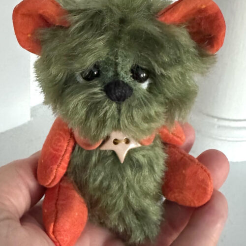 SOLD! Hunter:  5” Autumn Green & Orange Mohair Pixie Bear