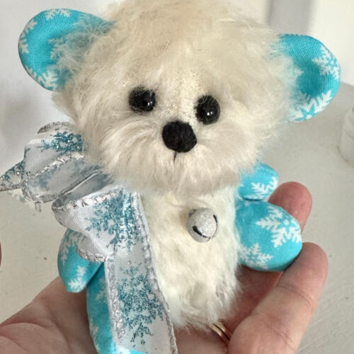 SOLD! Crystal:  5” White & Blue Snowflake Mohair Pixie Bear