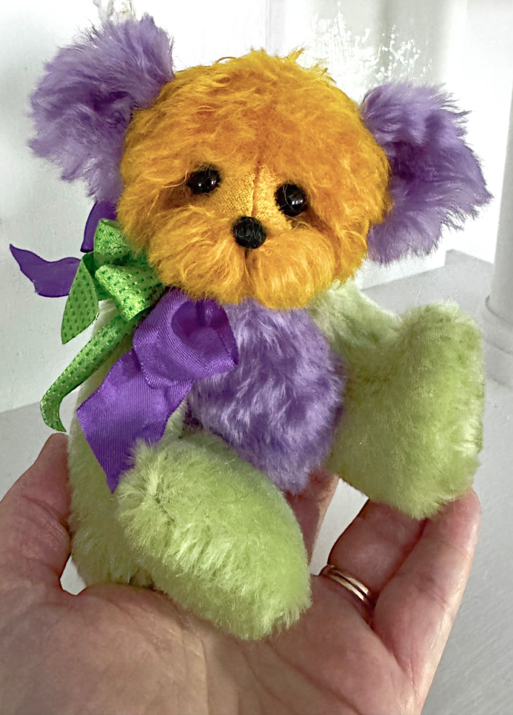 SOLD! Jazzy Jamboree - 6 1/2" Yellow, Green & Purple Mohair Mardi Gras Teddy Bear
