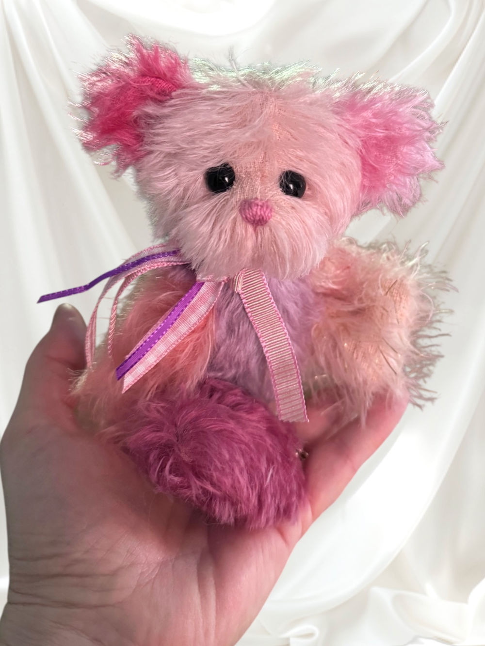 SOLD! Kissie - 6 1/2" Pink & Purple Artist Mohair Valentine Teddy Bear