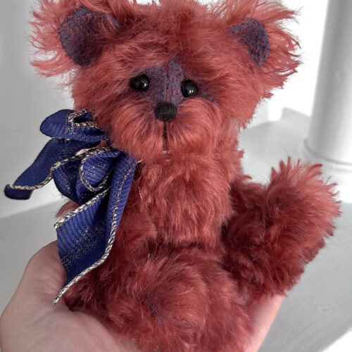 SOLD! Rudy - 6 1/2" Burgundy Red with Blue Backing Mohair Teddy Bear