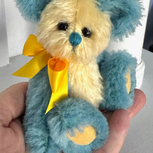 SOLD! Aruba:  5”  Miniature Aqua & Yellow Artist Teddy Bear