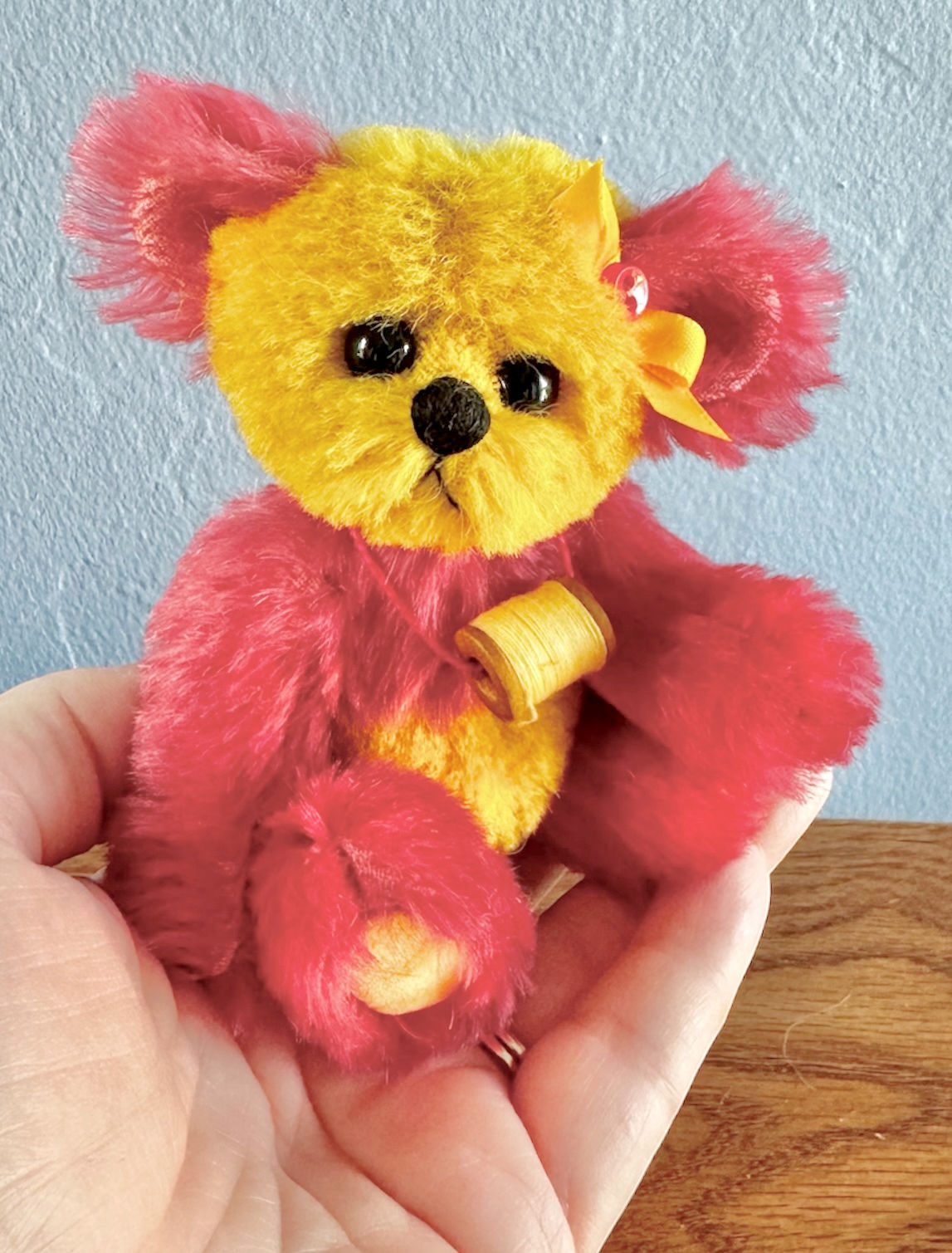 SOLD! Zia: 4 3/4” Miniature Yellow & Coral Artist Panda Bear